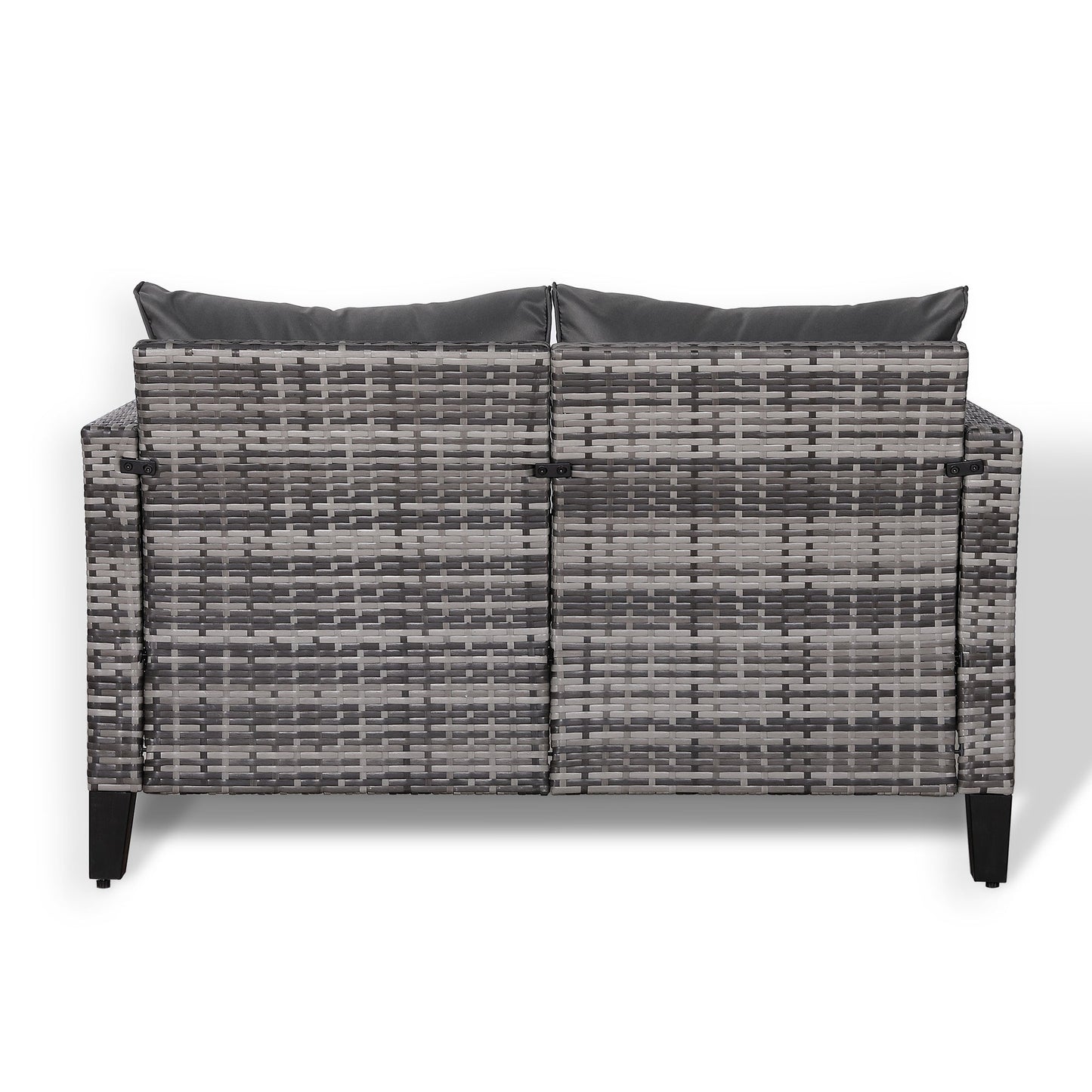 2-osobowa sofa Rattanpark z szarego rattanu i szarymi poduszkami