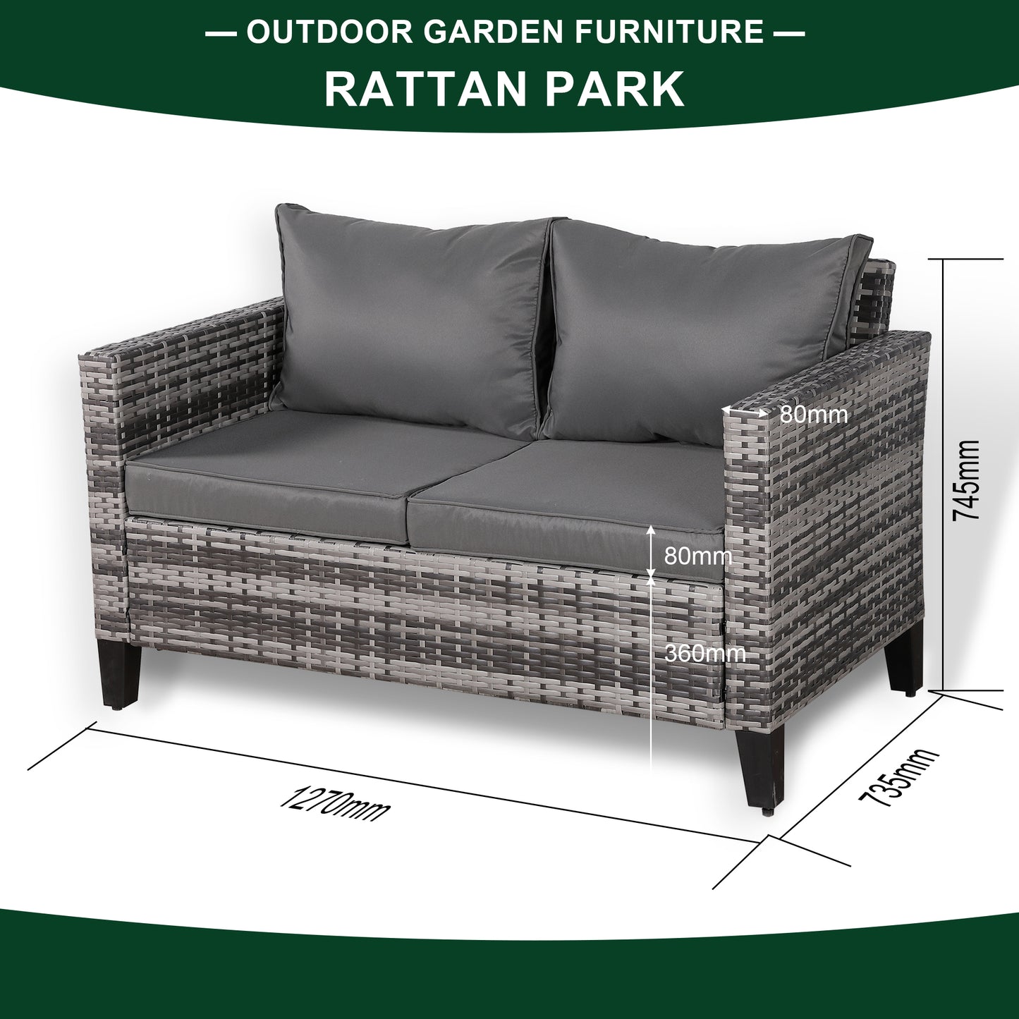 2-osobowa sofa Rattanpark z szarego rattanu i szarymi poduszkami