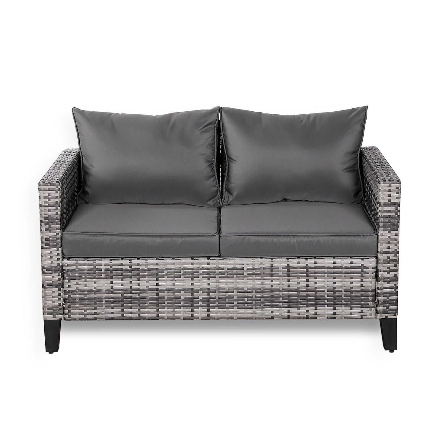 2-osobowa sofa Rattanpark z szarego rattanu i szarymi poduszkami
