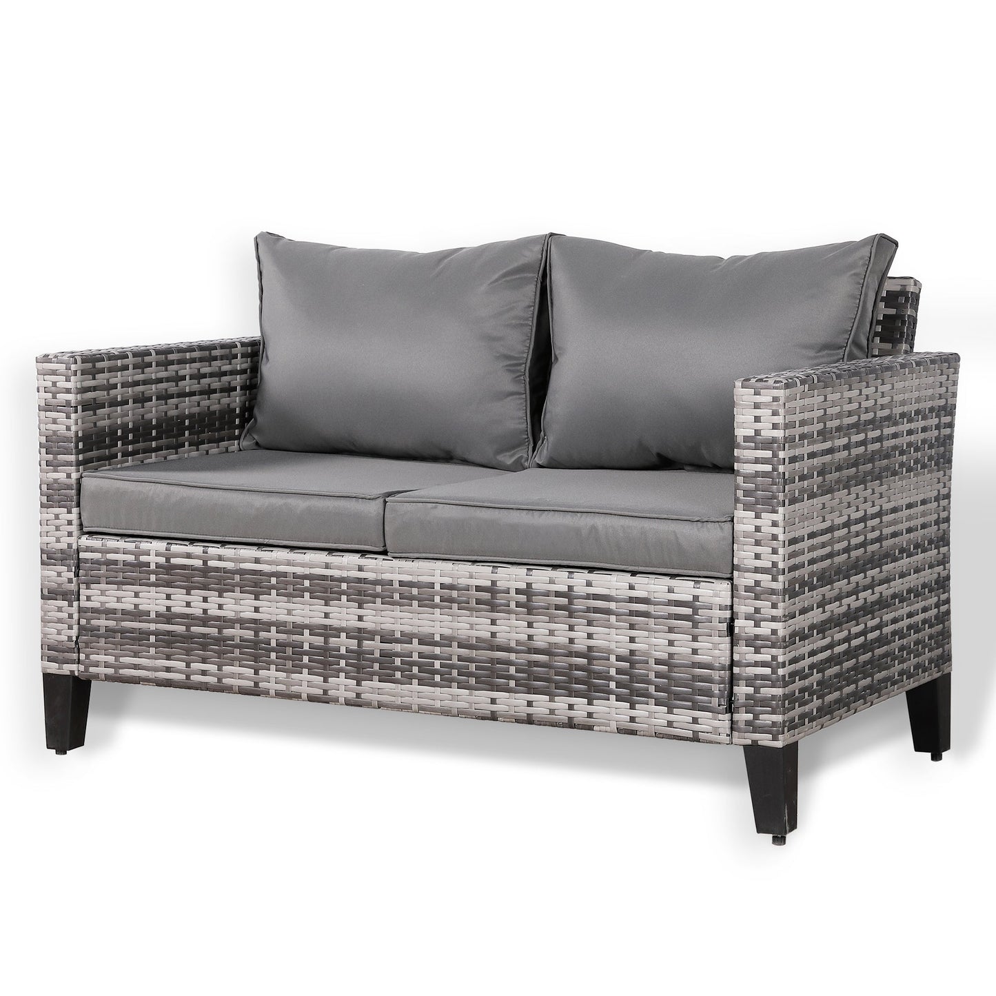 2-osobowa sofa Rattanpark z szarego rattanu i szarymi poduszkami
