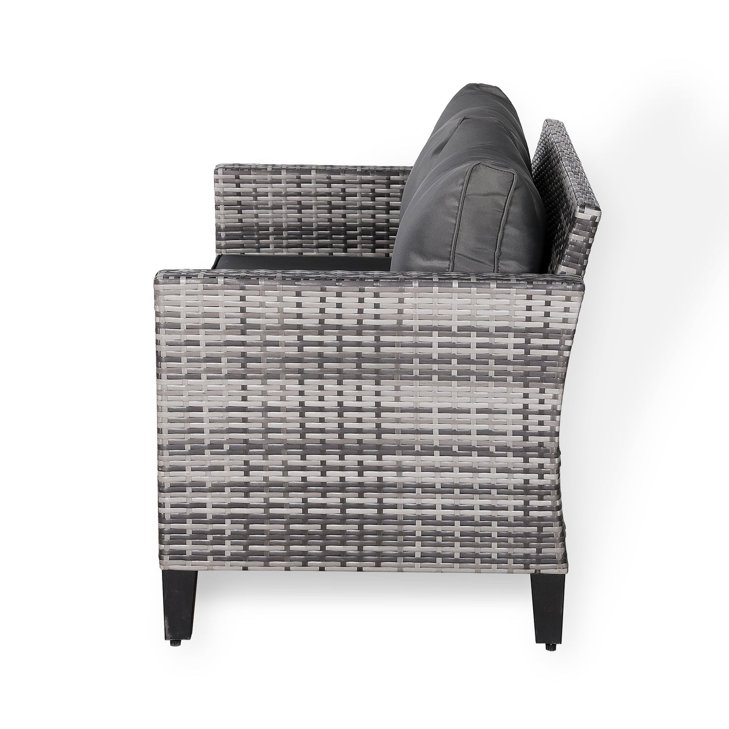 2-osobowa sofa Rattanpark z szarego rattanu i szarymi poduszkami