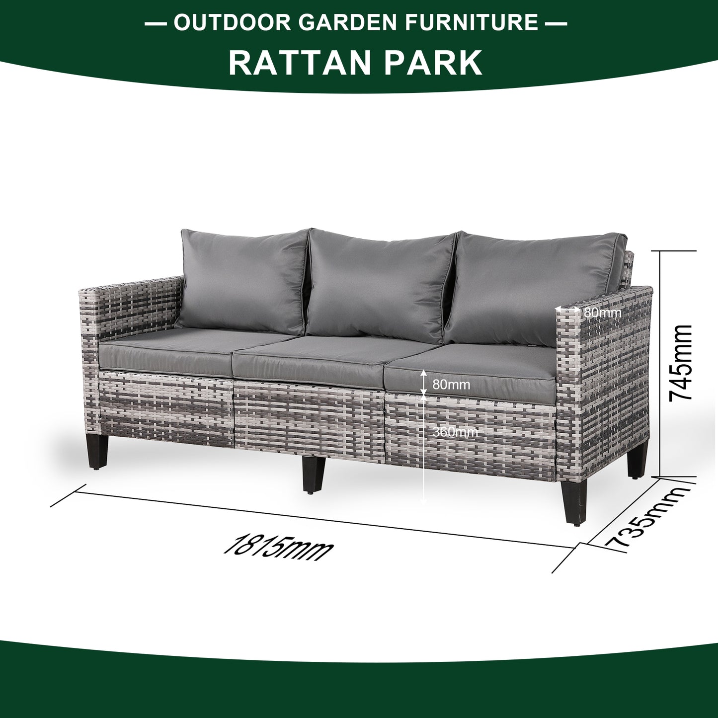 3-osobowa Sofa Rattanpark z szarego rattanu i szarymi poduszkami